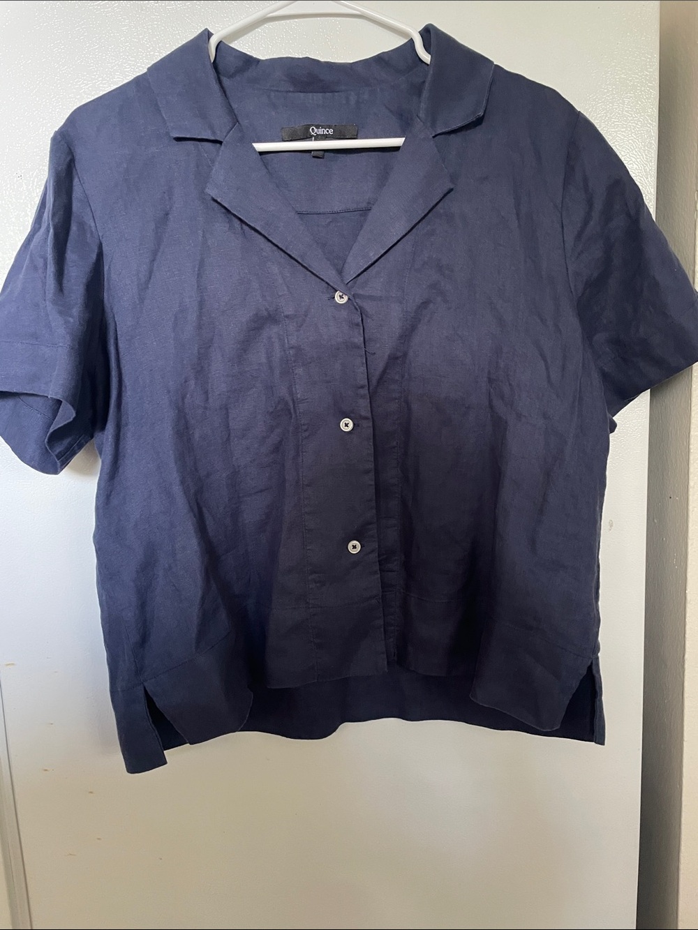 Quince Medium 100% European Linen Short Sleeve Button Down Shirt Navy Nautical